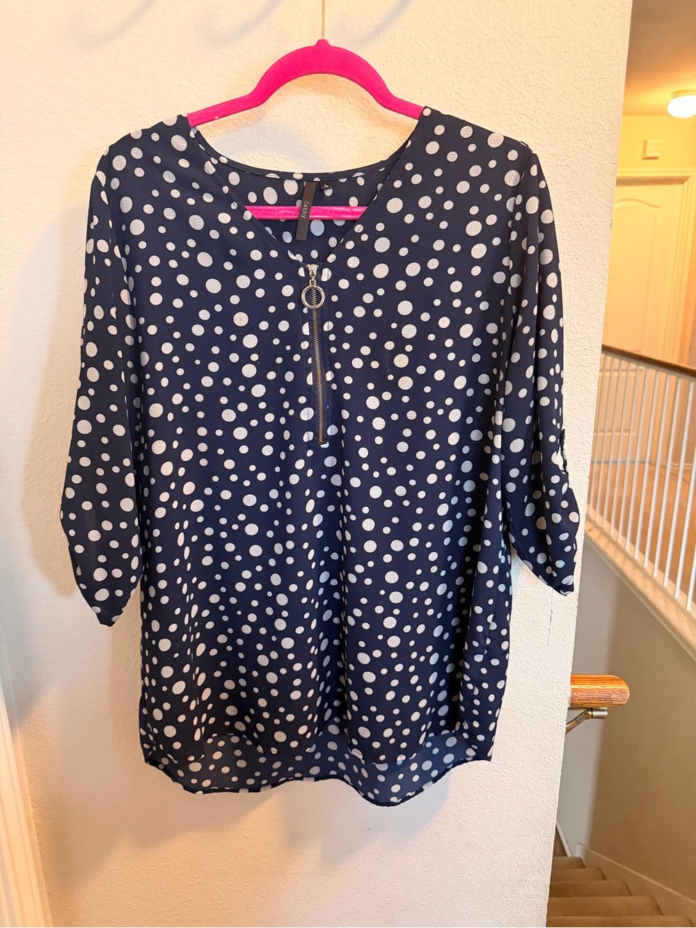 Women’s Navy Polka Dot Zip-Front Blouse with Ring Pull